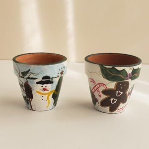 Set of 2 Hand-Painted Terra Cotta Pots & Candles - Snowman and Ginger Bread Man